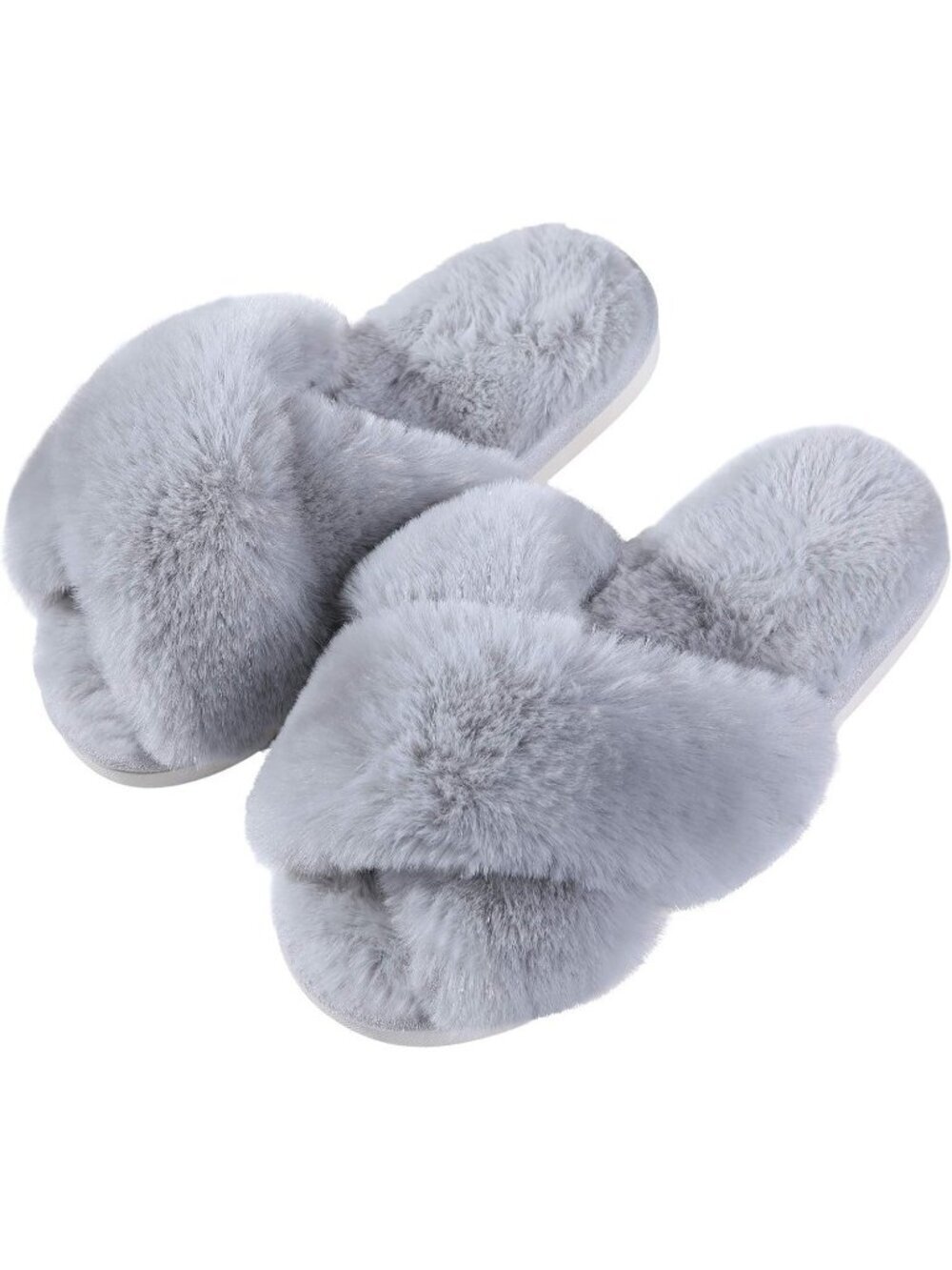 Women's Grey Fuzzy Cross Band Memory Foam House Open Toe Soft Slipper Shoes